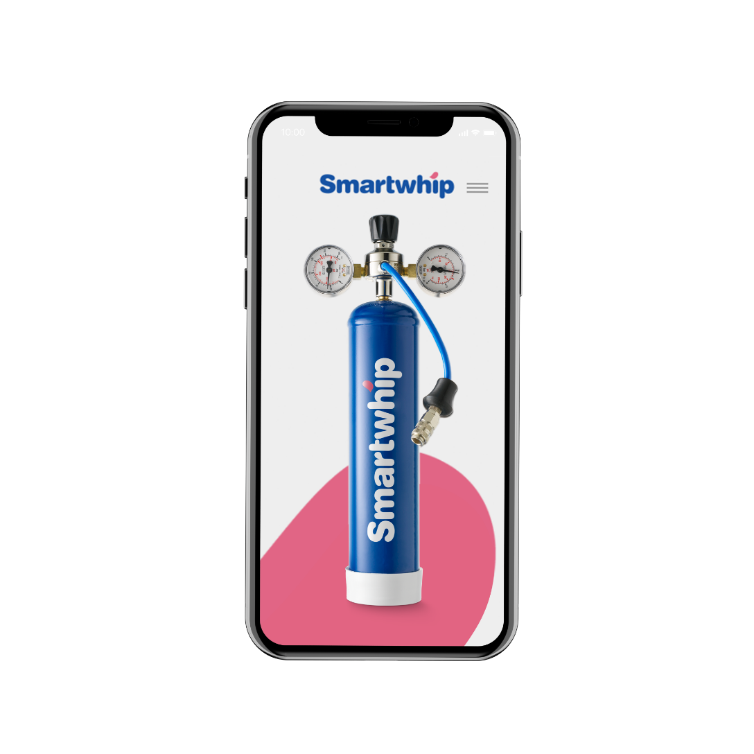 Reclamebureau Amsterdam, Smartwhip website op een iPhone met een cream charger tank